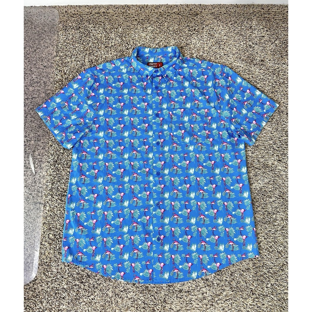 Party Sharks Flamingos Palm Leaf Mens Size Large Hawaiian Button Up Shirt Blue